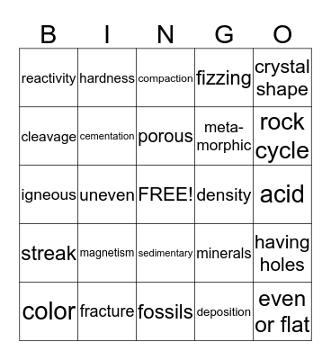Rocks and Minerals Bingo Card
