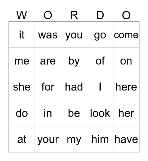 Sight Words Bingo Card