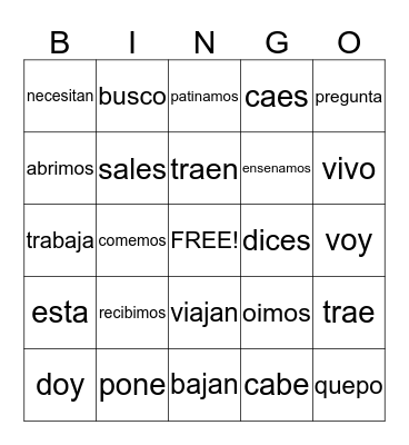 SPANISH -ER, -IR, -AR VERBS Bingo Card