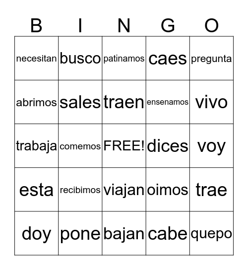 SPANISH -ER, -IR, -AR VERBS Bingo Card