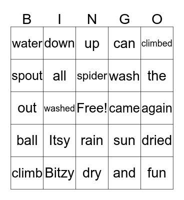The Itsy Bitzy Spider Bingo Card