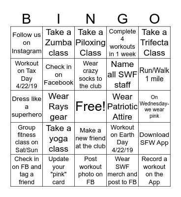 Shapes Fitness for Women April Challenge Bingo Card