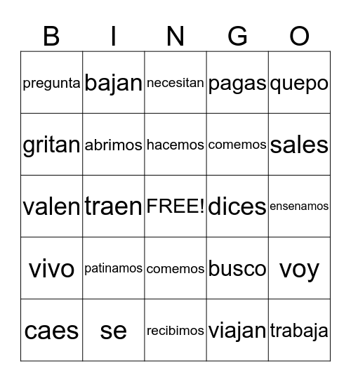 SPANISH -ER, -IR, -AR VERBS Bingo Card