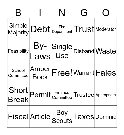 Westborough Town Meeting Bingo Card