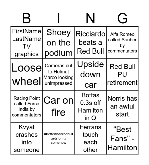 RSR Aus GP BingoBants Bingo Card