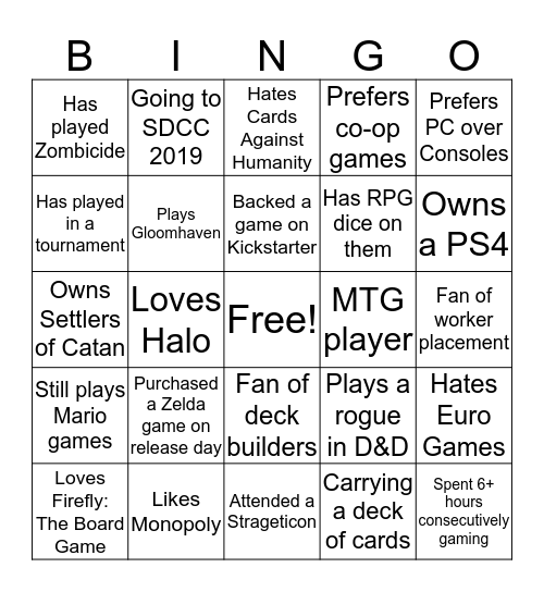 Gamer Bingo Card