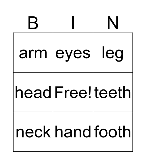 vocabulary  Bingo Card