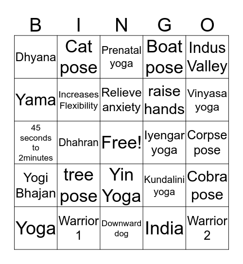 Yoga  Bingo Card