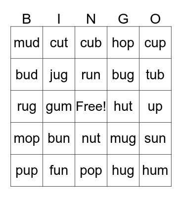 op, u, ug, up, ub, um, un, ut, ud Bingo Card