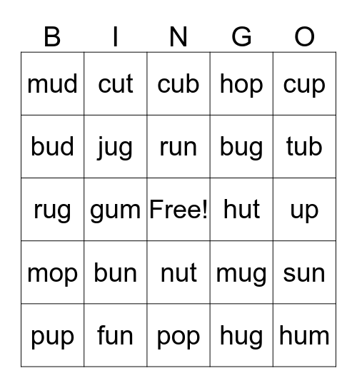 op, u, ug, up, ub, um, un, ut, ud Bingo Card