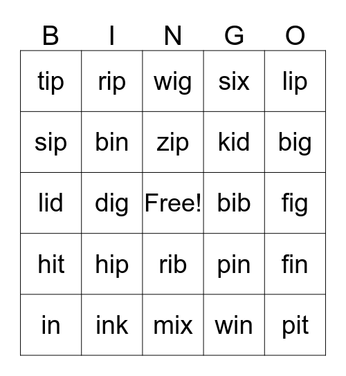 i, ip, ib, id, in, ig, it, ix Bingo Card