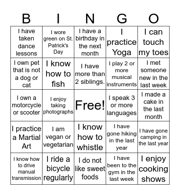 Blue Badge Bingo Card