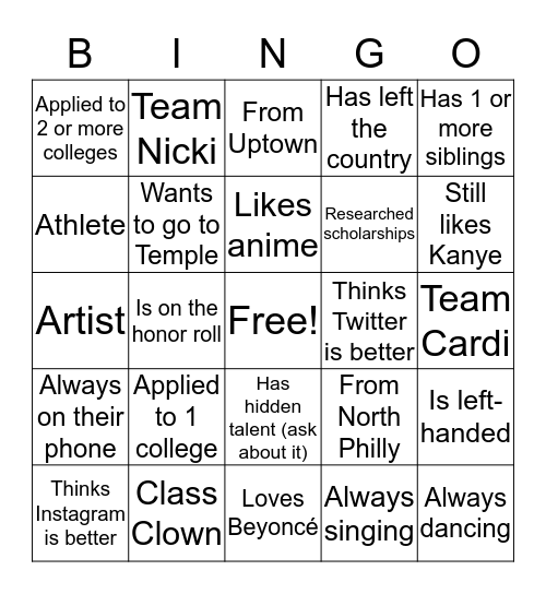 P.A.C.E. Bingo Card