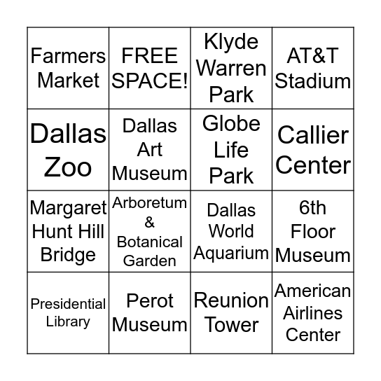 Dallas Places BINGO Card