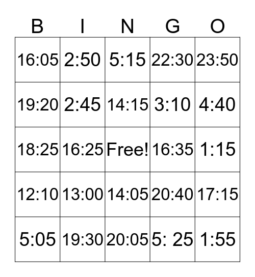 24 Hour Time  Bingo Card