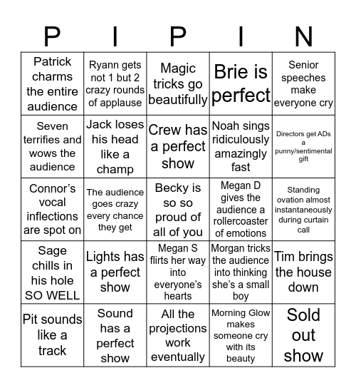 Backstage Bingo CLOSING NIGHT 16 Mar 2019 Bingo Card