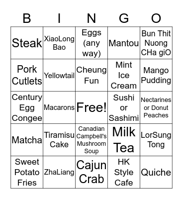 Favourite Food Bingo Card