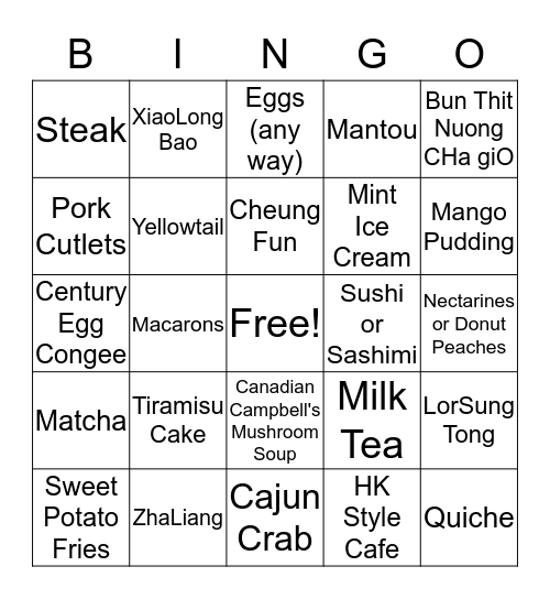 Favourite Food Bingo Card