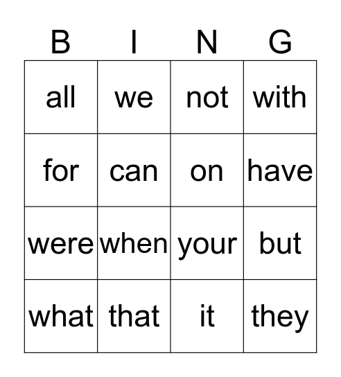 Sight Word Bingo Card