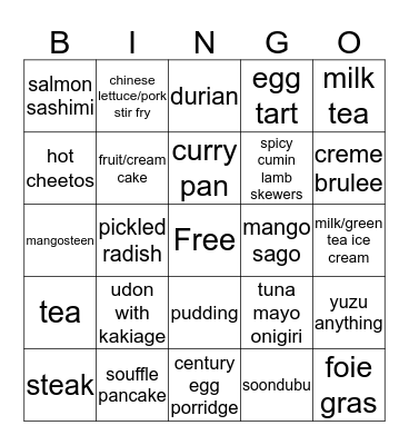 Fave food Bingo Card