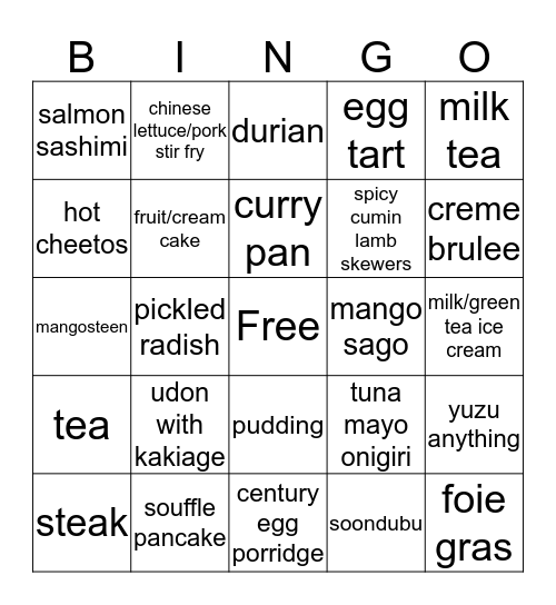 Fave food Bingo Card