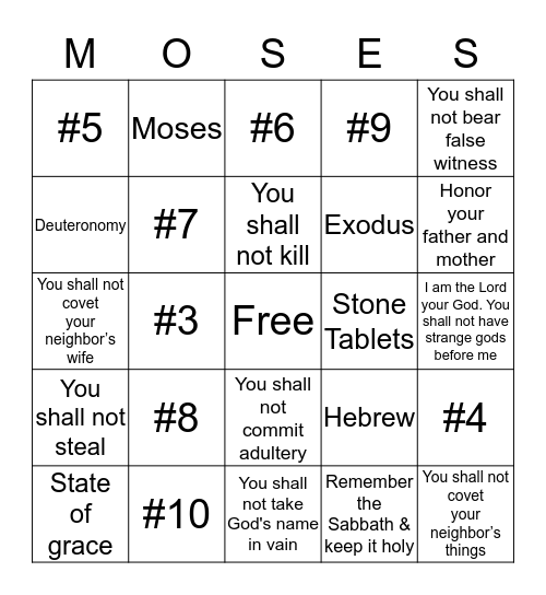 Ten Commandments Bingo Card