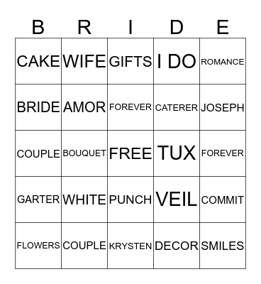 BRIDAL SHOWER BINGO Card