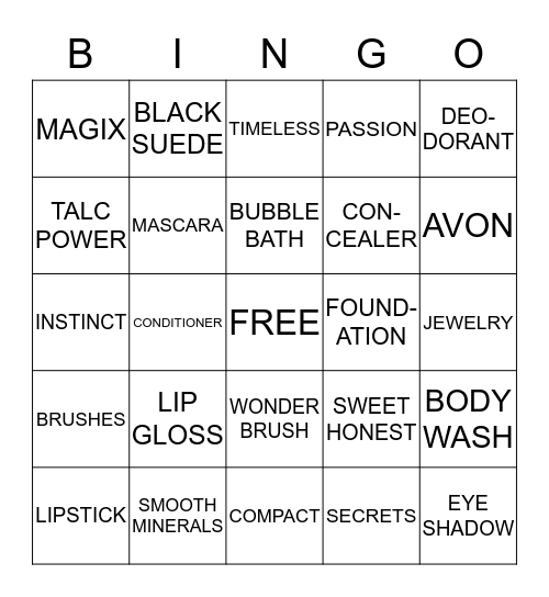 AVON Bingo Card