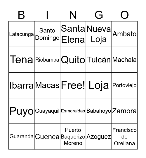 Provinces and Capitals  Bingo Card