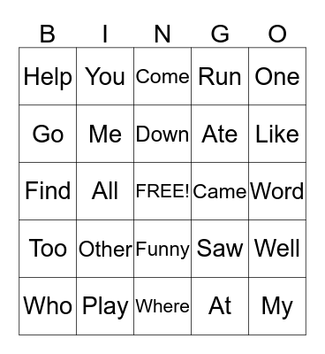 Site Word Bingo Card