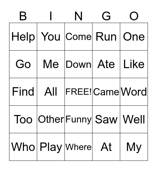 Site Word Bingo Card