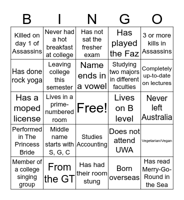 College Resident Bingo Card
