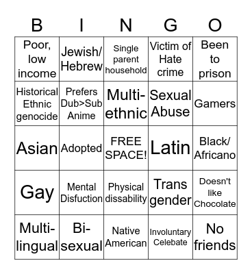 Multicultural American Bingo Card