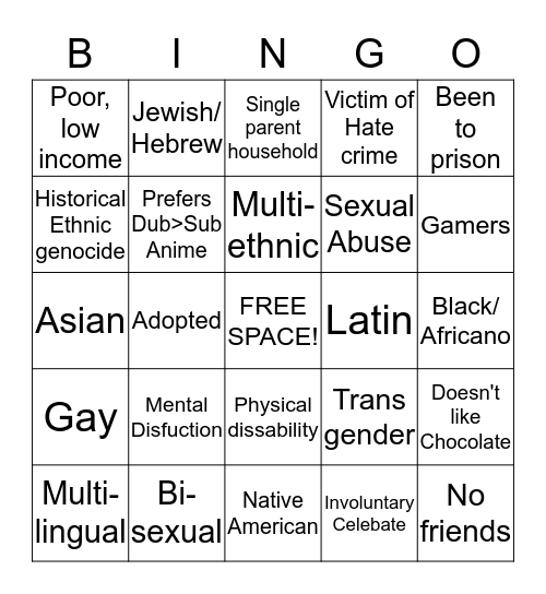 Multicultural American Bingo Card