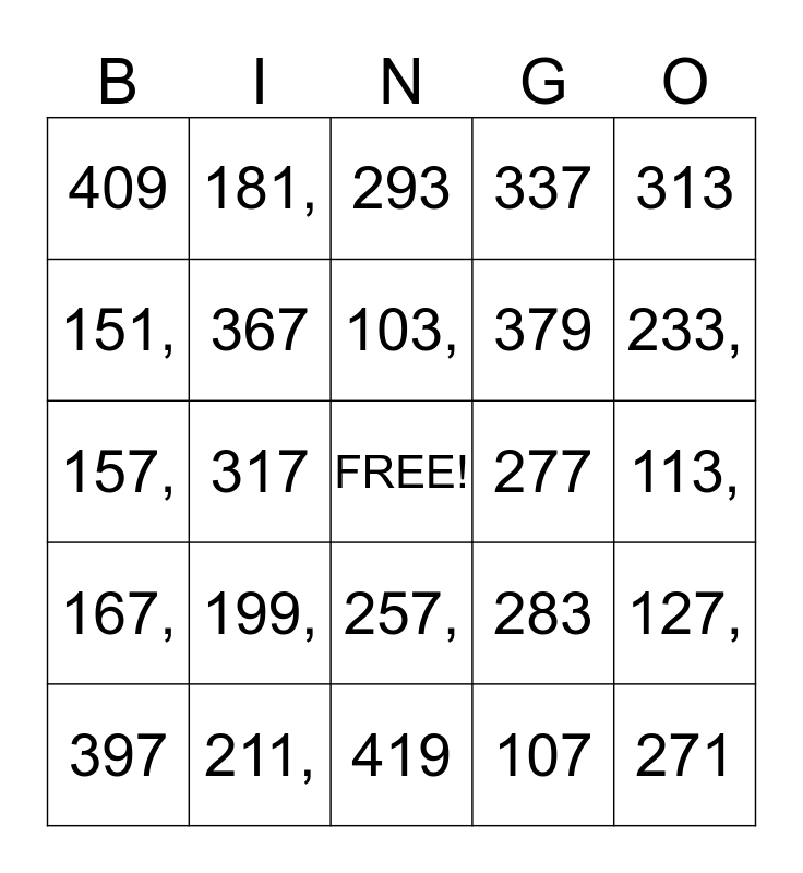 prime numbers bingo card