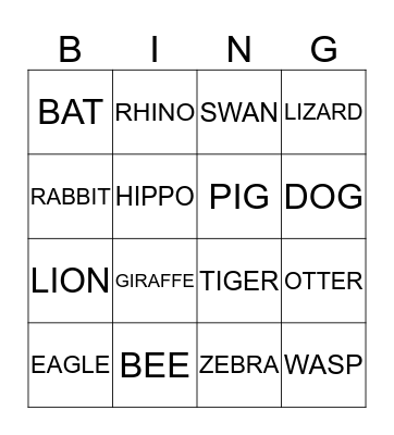 Animal BINGO Card