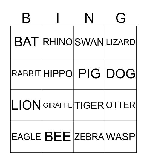 Animal BINGO Card