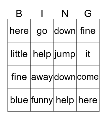 Pre-Primer Words Bingo Card