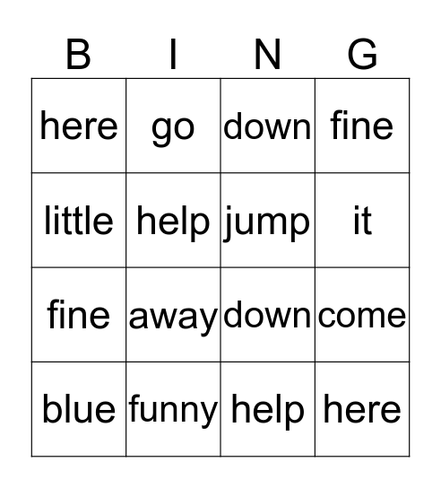 Pre-Primer Words Bingo Card