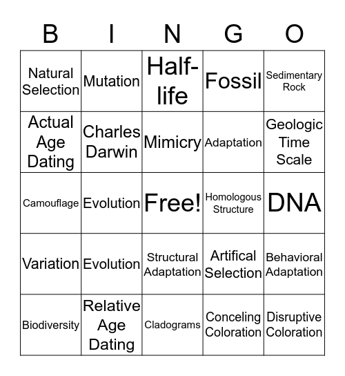 Natural Selection Bingo Card