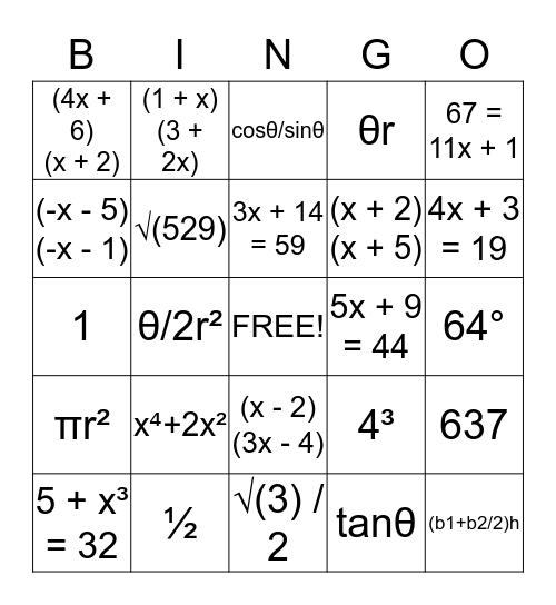 MATH BINGO Card