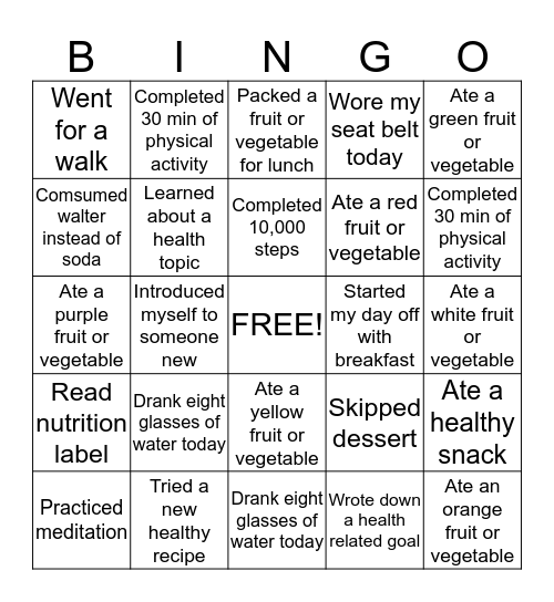Wellness Week Bingo Card
