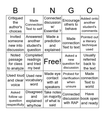 Class Discussion Bingo!! Bingo Card