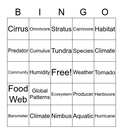 Science - Weather and Ecosystems Bingo Card