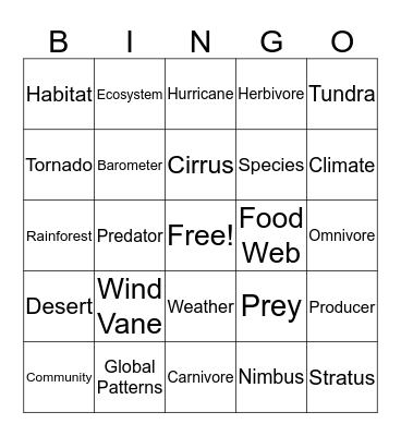 Science - Weather and Ecosystems Bingo Card