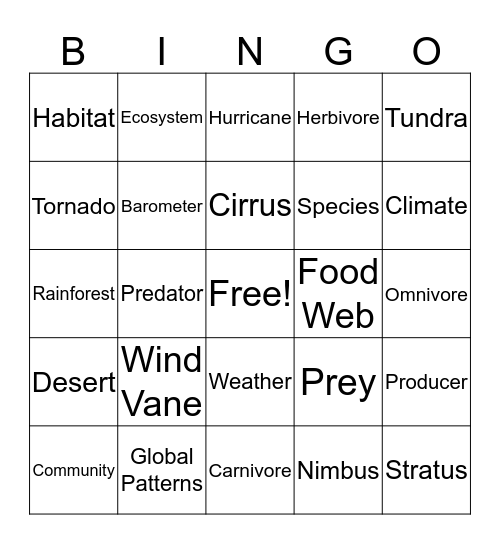 Science - Weather and Ecosystems Bingo Card