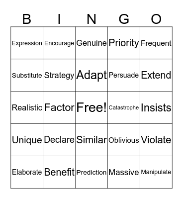 Meaning Vocabulary  Bingo Card