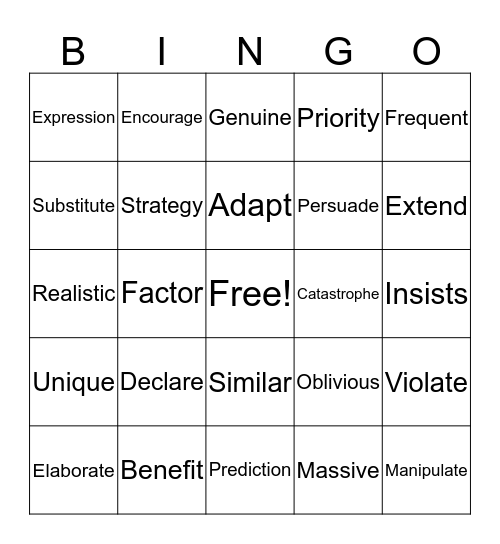 Meaning Vocabulary  Bingo Card