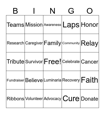 Relay for Life Bingo Card