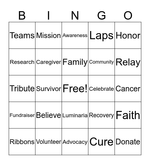 Relay for Life Bingo Card